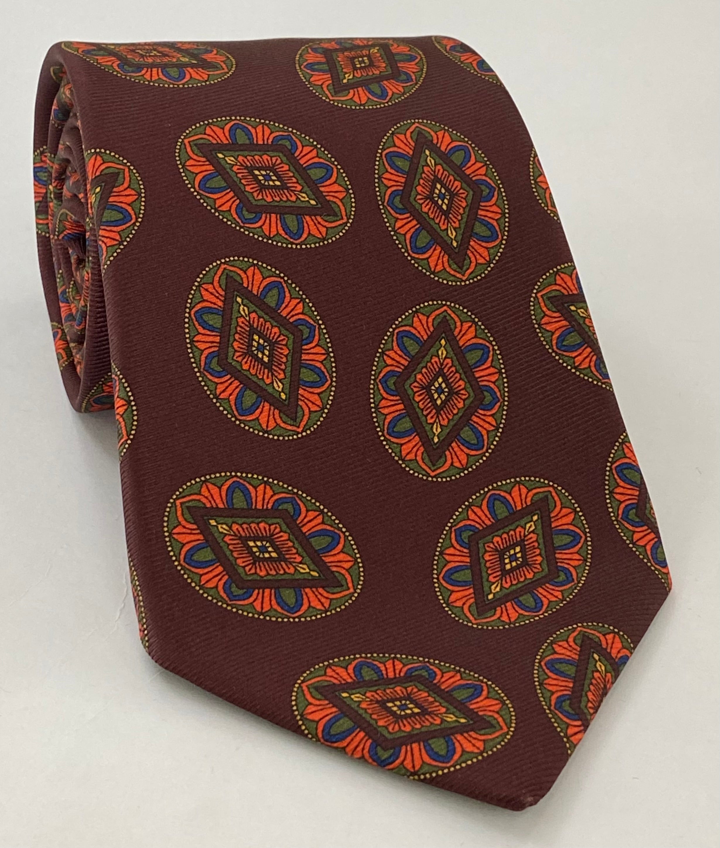 Orange on Maroon Macclesfield Printed Silk Tie MCT-748