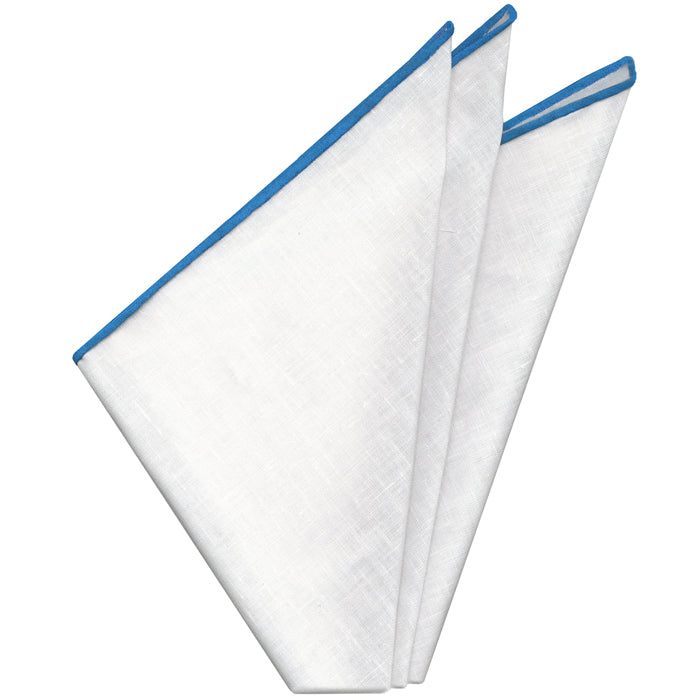 {[en]:White with Light Blue Contrast Edges Belgian Linen Pocket Square LLCP