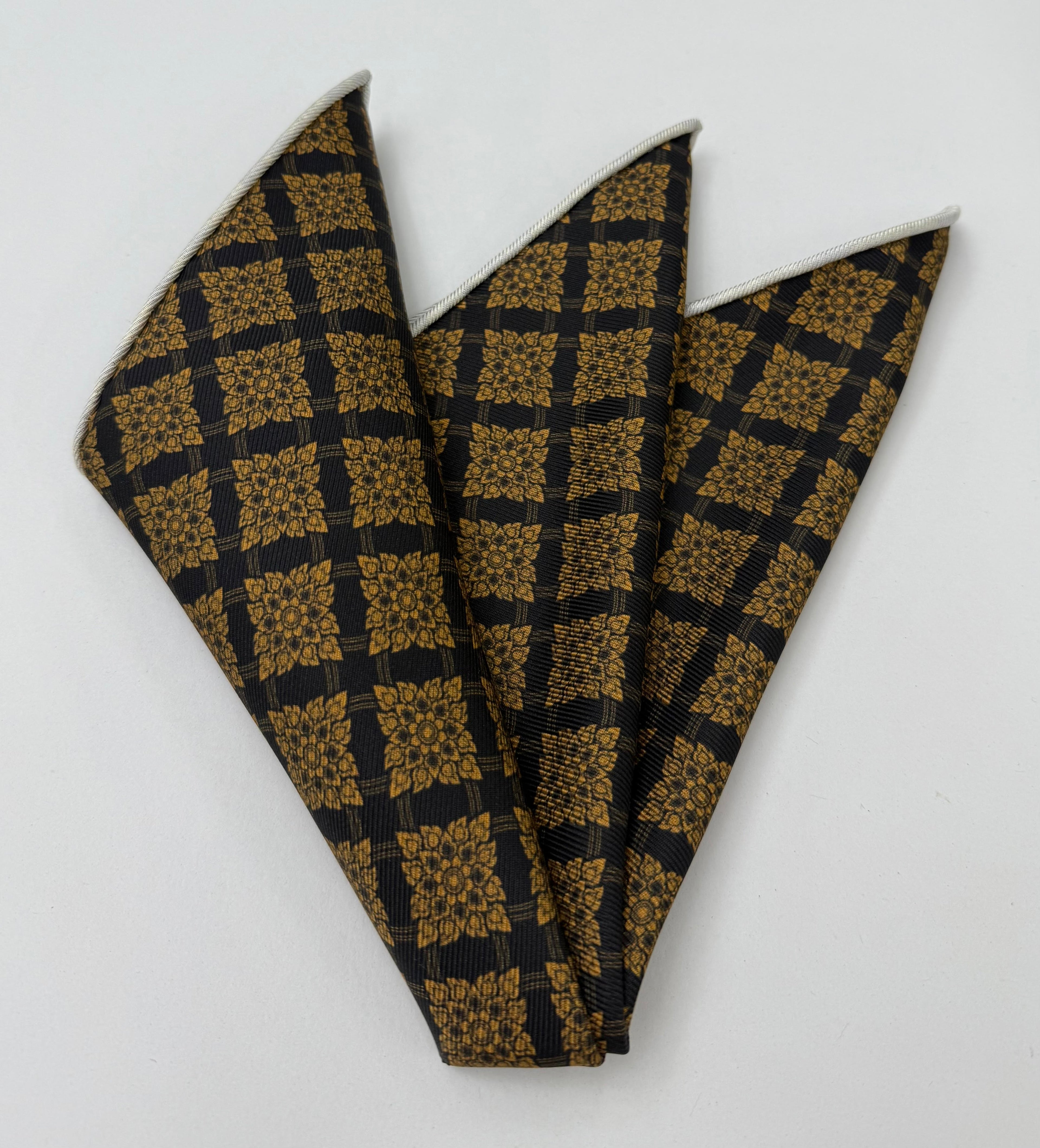 Gold on Black Traditional Thai Print Silk Pocket Square TTP-4