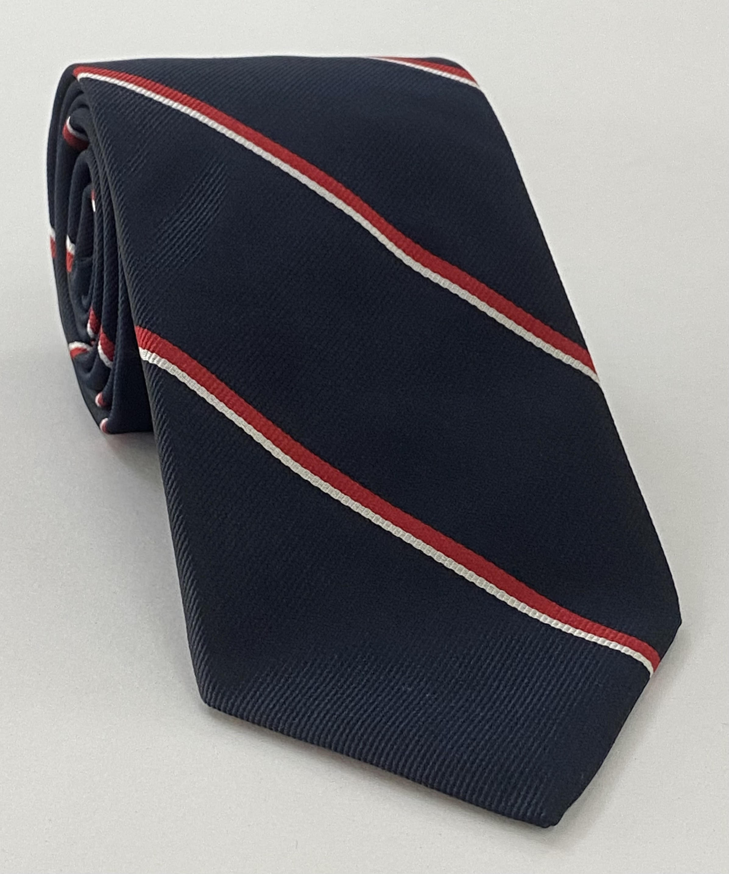 ロイヤルネイビーストライプシルクタイ RGT-20 ミッドナイトブルーにレッド＆ホワイト