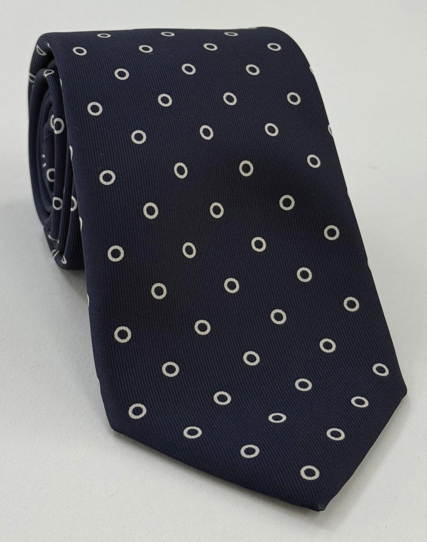 Off-White on Midnight Blue Macclesfield Print Pattern Silk Tie MCT-348