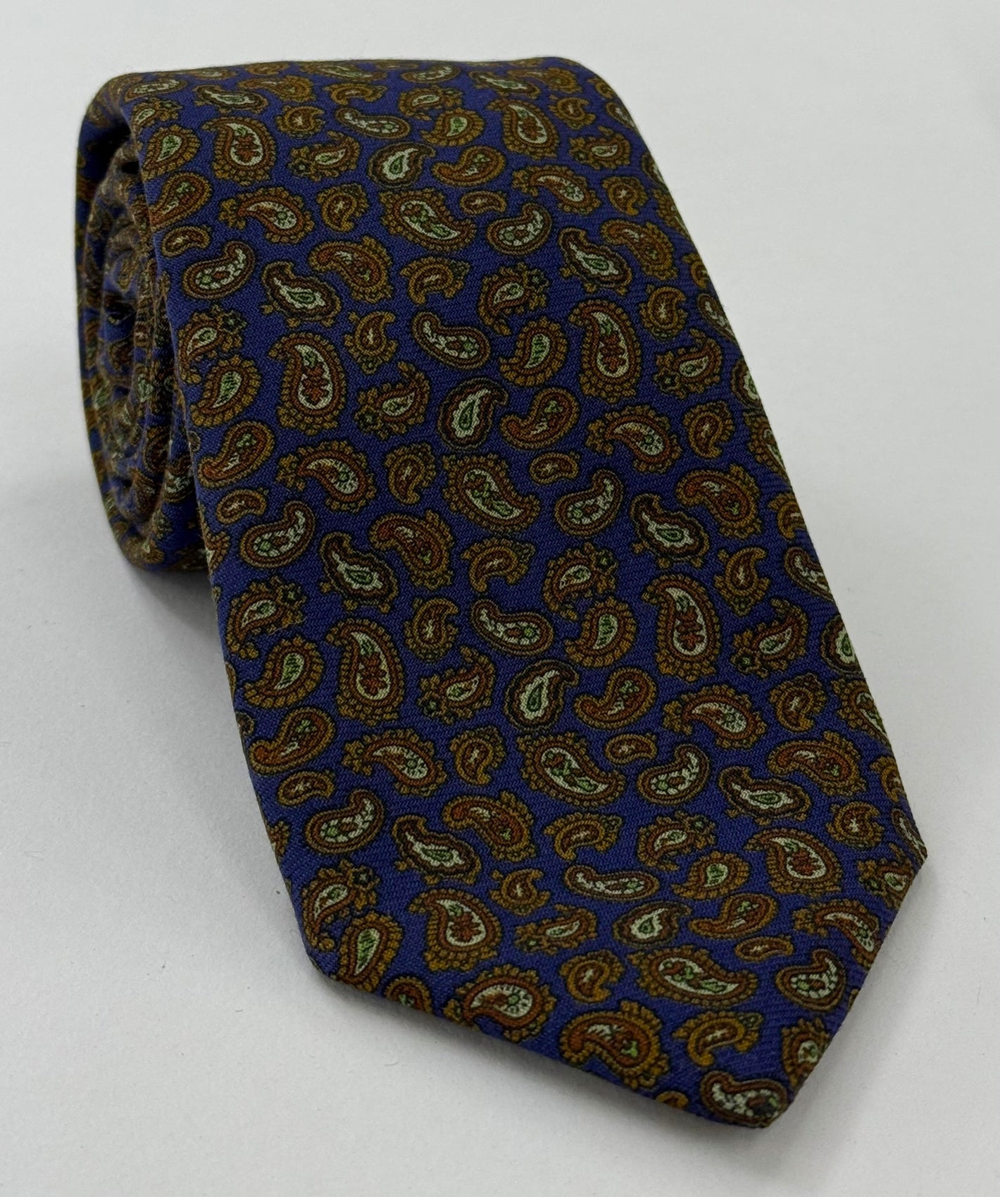 Brown, Burnt Orange, Green & Off-White on Navy Blue Paisley Pattern Challis Wool Tie CHPT-8