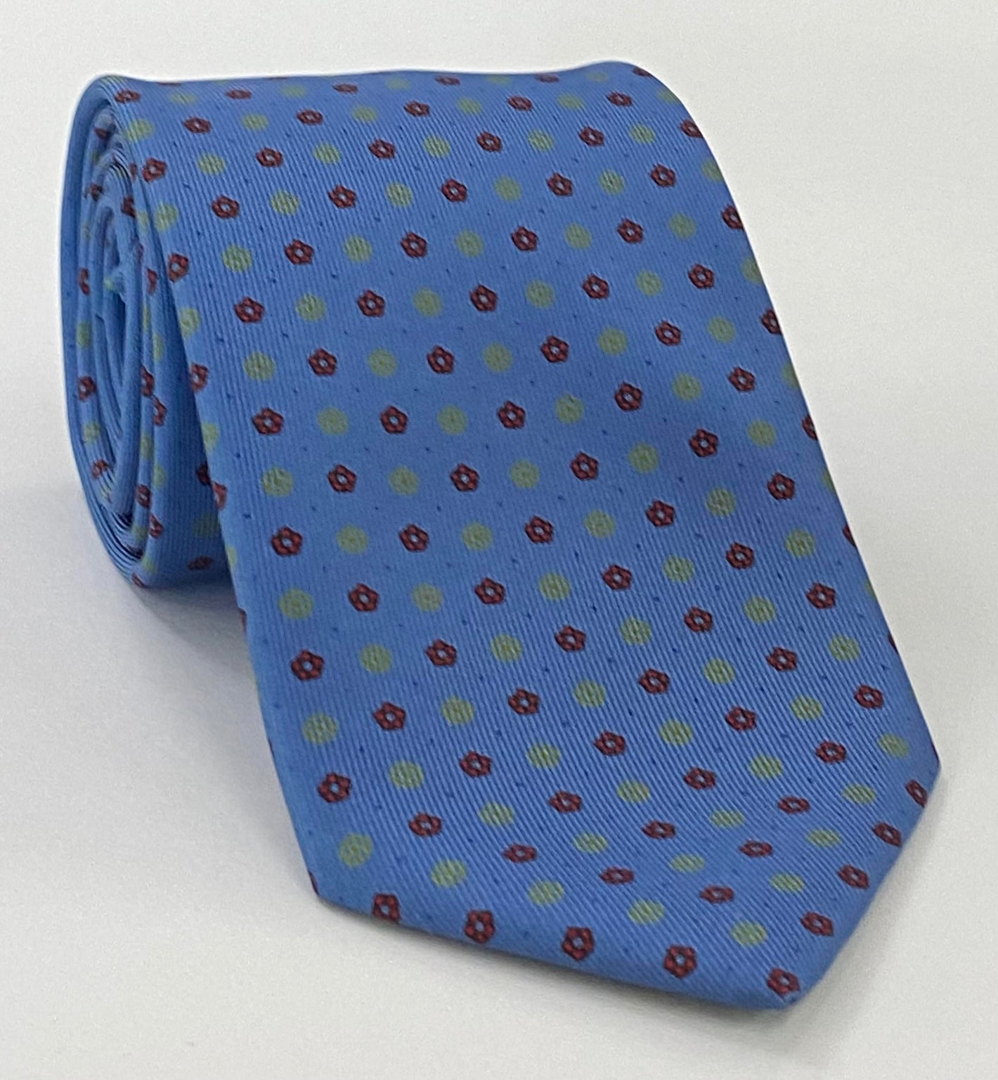 Gold, Red & Black on Sky Blue Macclesfield Print Silk Tie MCT-299