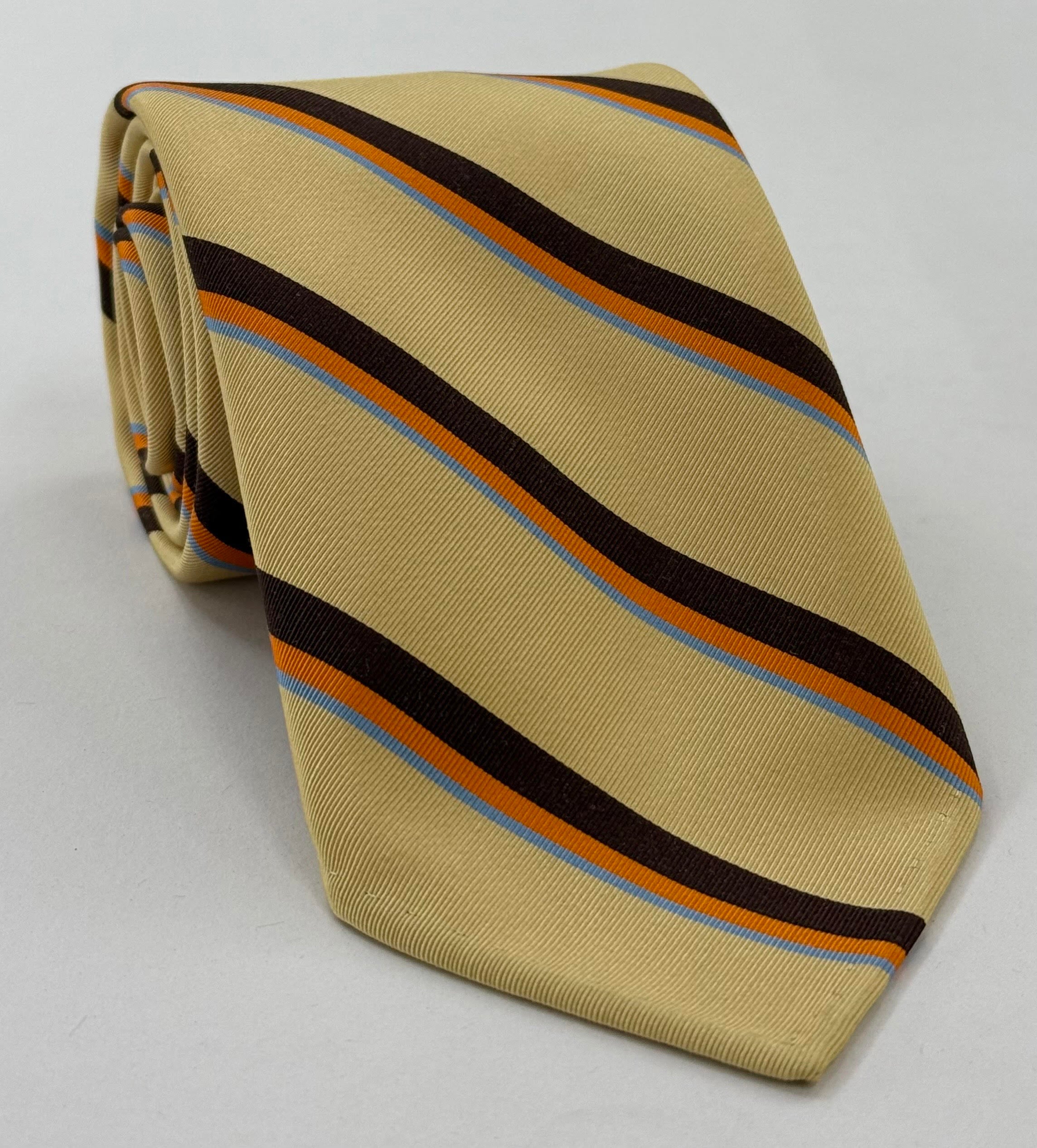 Powder Blue, Orange & Chocolate on Cream Atkinsons Striped Irish Poplin Tie AST-46