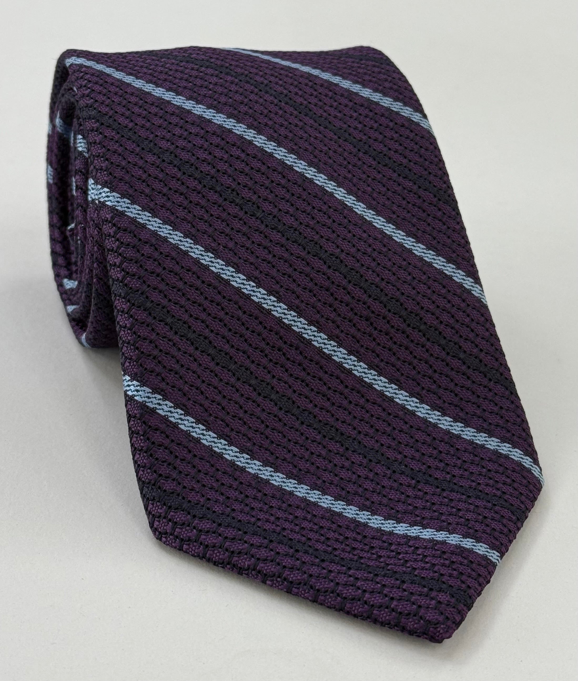 Sky Blue And Midnight Blue On Purple Grenadine Grossa Stripe Silk Tie GGST-11
