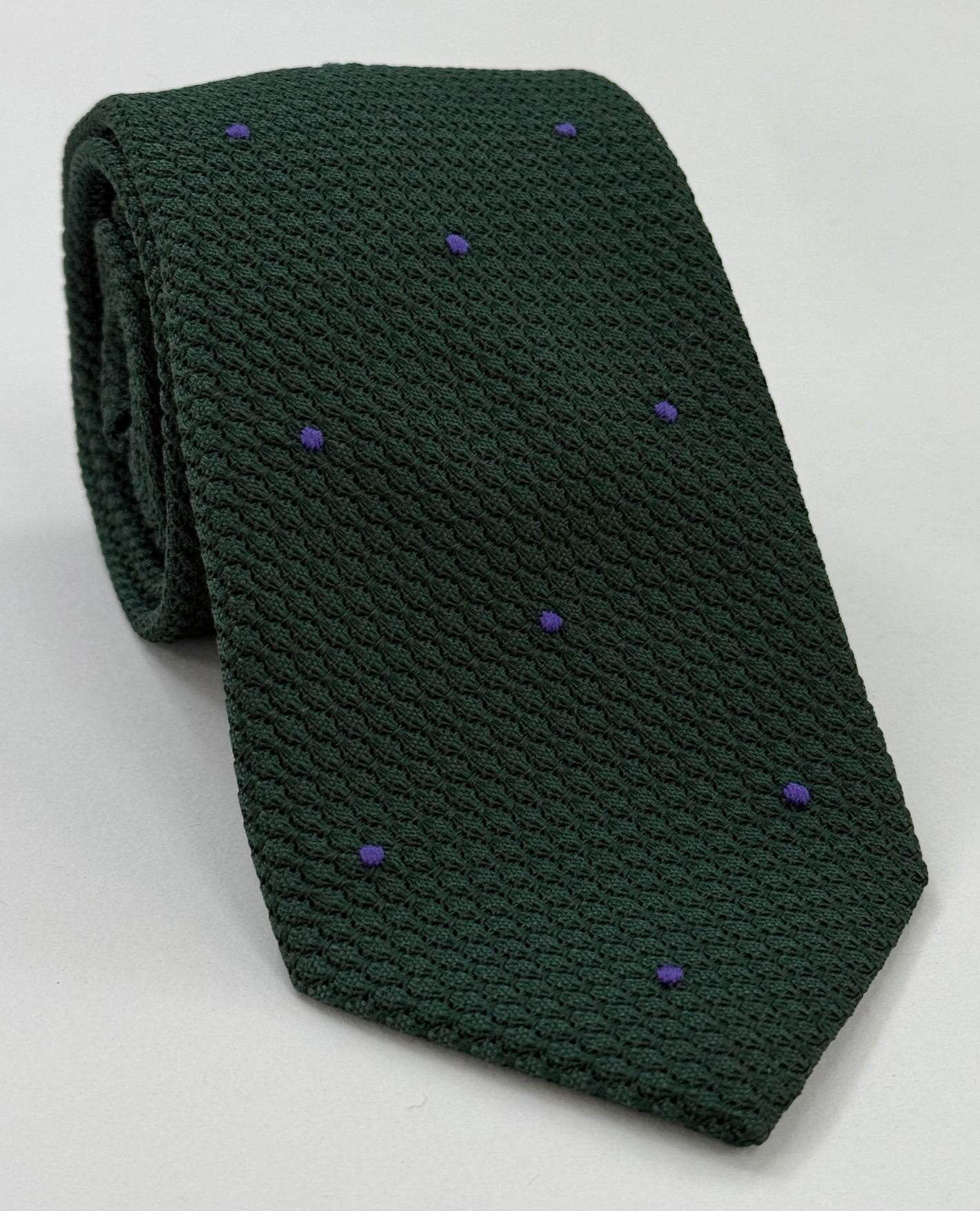 フォレストグリーンのグレナディン・グロッサにパープルの（手縫い）ピンドット シルクタイ GGDT-16 (16)