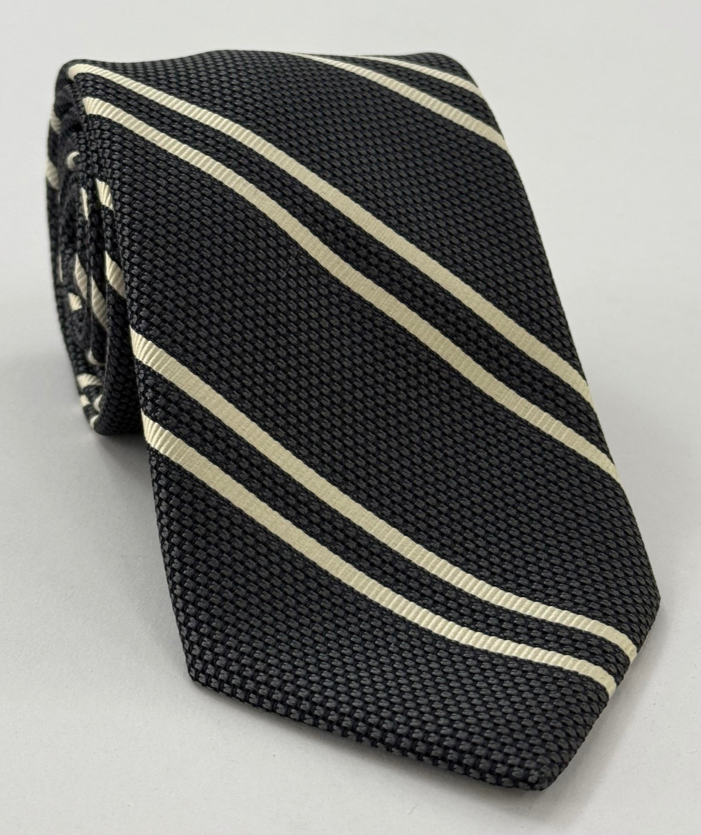 Off-White on Charcoal Gray Grenadine Fina Reppe Stripe Silk Tie GFRST-9