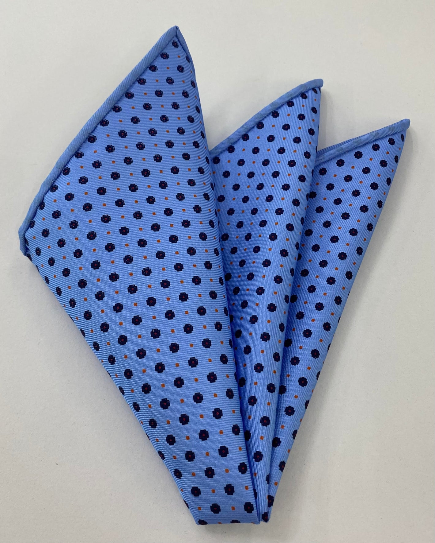 Midnight Blue, Red & Burnt Orange on Sky Blue Macclesfield Print Pattern Silk Pocket Square #MCP-457