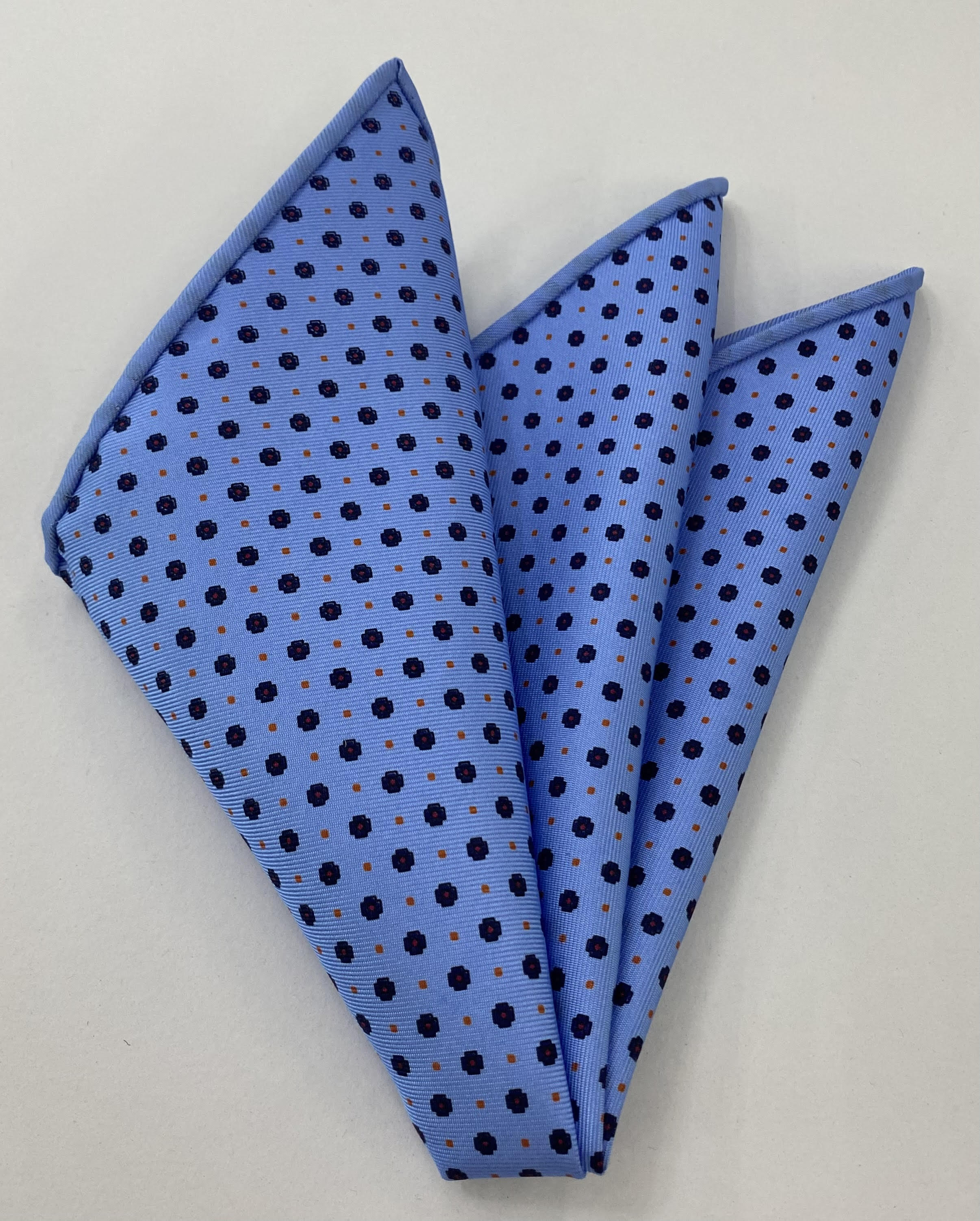 Midnight Blue, Red & Burnt Orange on Sky Blue Macclesfield Print Pattern Silk Pocket Square MCP-457