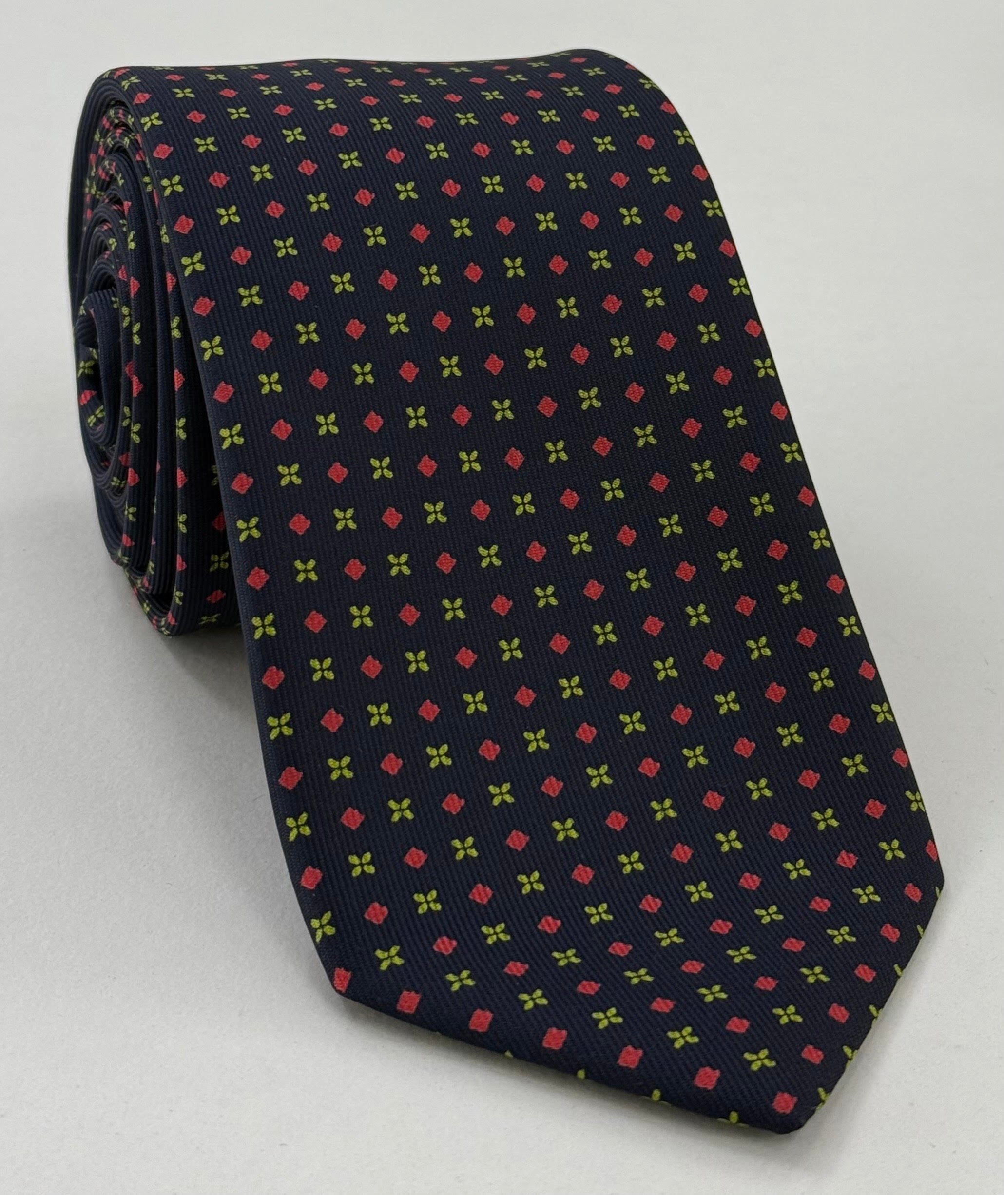 Orange-Red & Yellow-Green on Midnight Blue Macclesfield Printed Silk Tie MCT-194