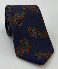 Burnt Orange, Sky Blue, Yellow Gold on Dark Blue with a touch of Purple Macclesfield Printed Wool Tie MCWT-10