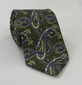 Blue, Off-White & Light Yellow on Olive Green Macclesfield Printed Silk Tie MCT-574
