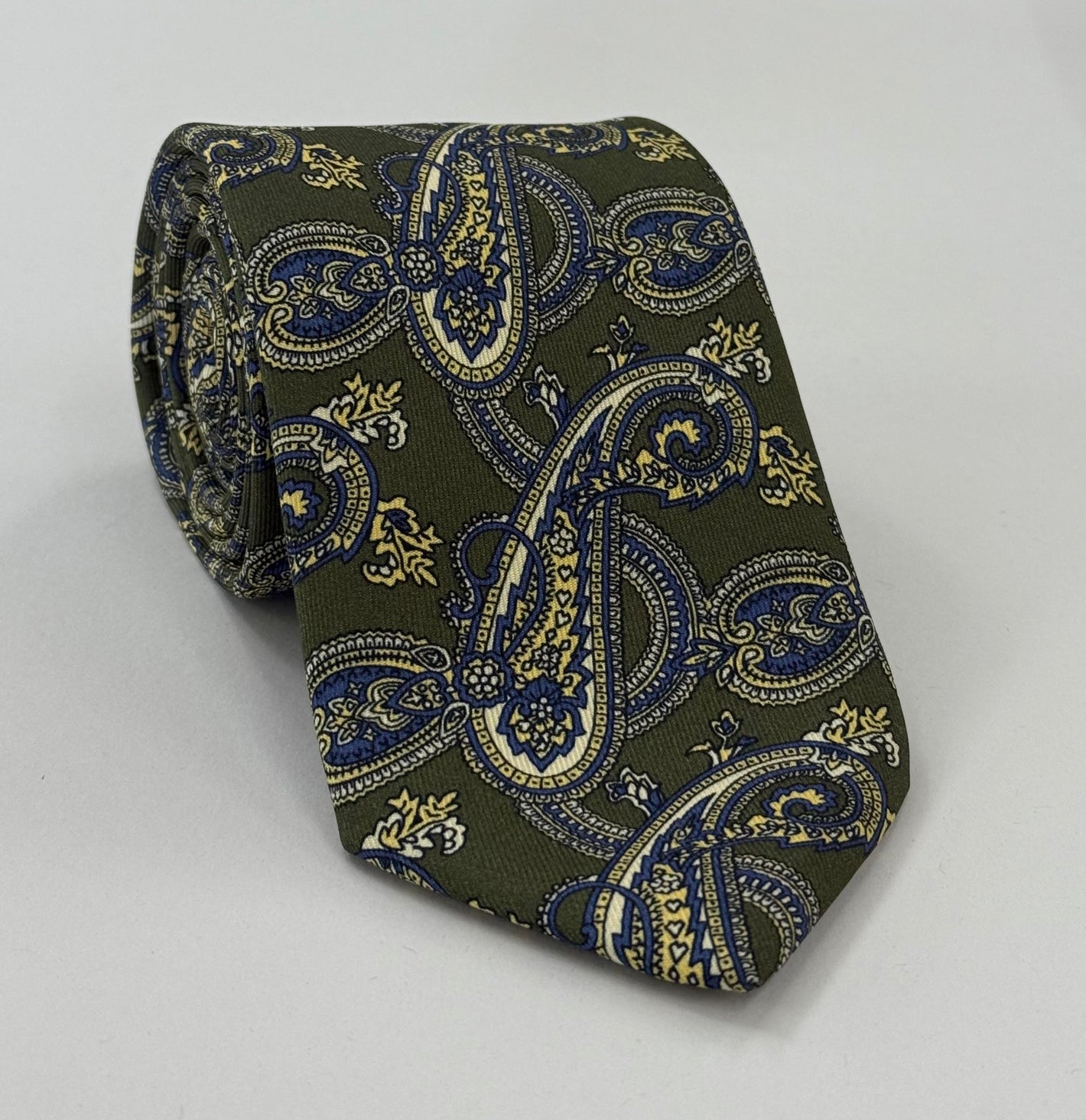 Blue, Off-White & Light Yellow on Olive Green Macclesfield Printed Silk Tie #MCT-574