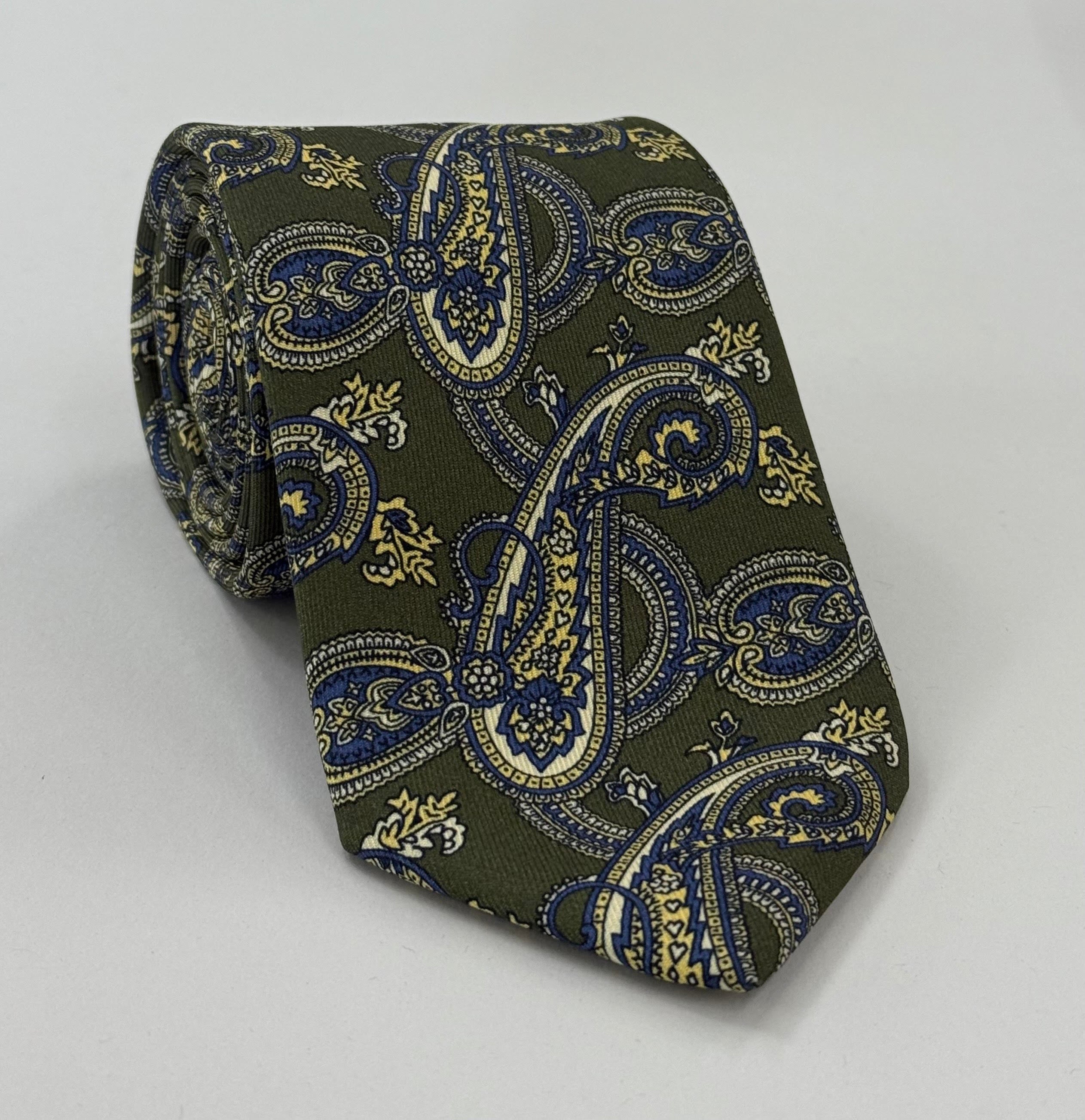 Blue, Off-White & Light Yellow on Olive Green Macclesfield Printed Silk Tie MCT-574