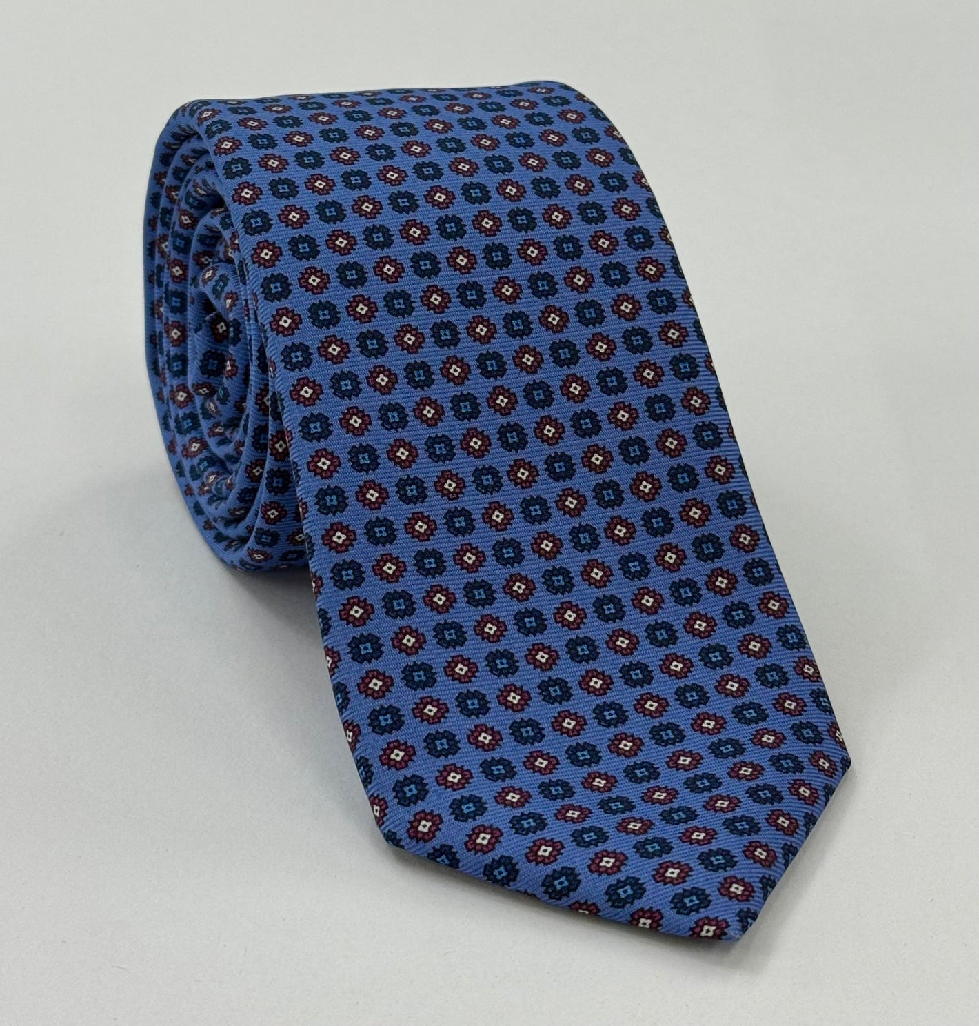 Blue, Sky Blue, Pink & Black on Purple Blue Macclesfield Print Silk Tie MCT-212