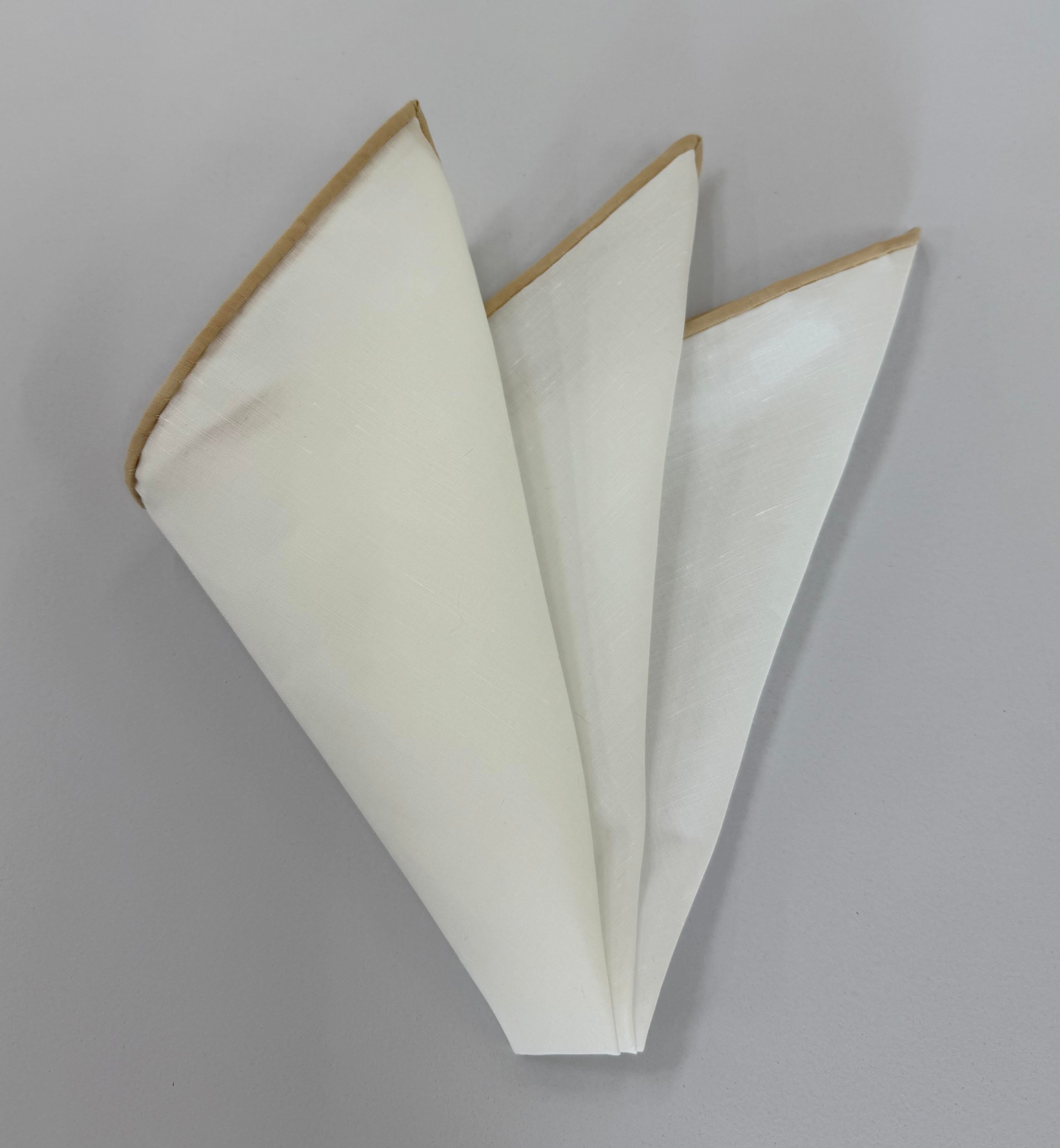 Natural White Linen/Cotton with Tan Contrast Edges Pocket Square #LCCP-14