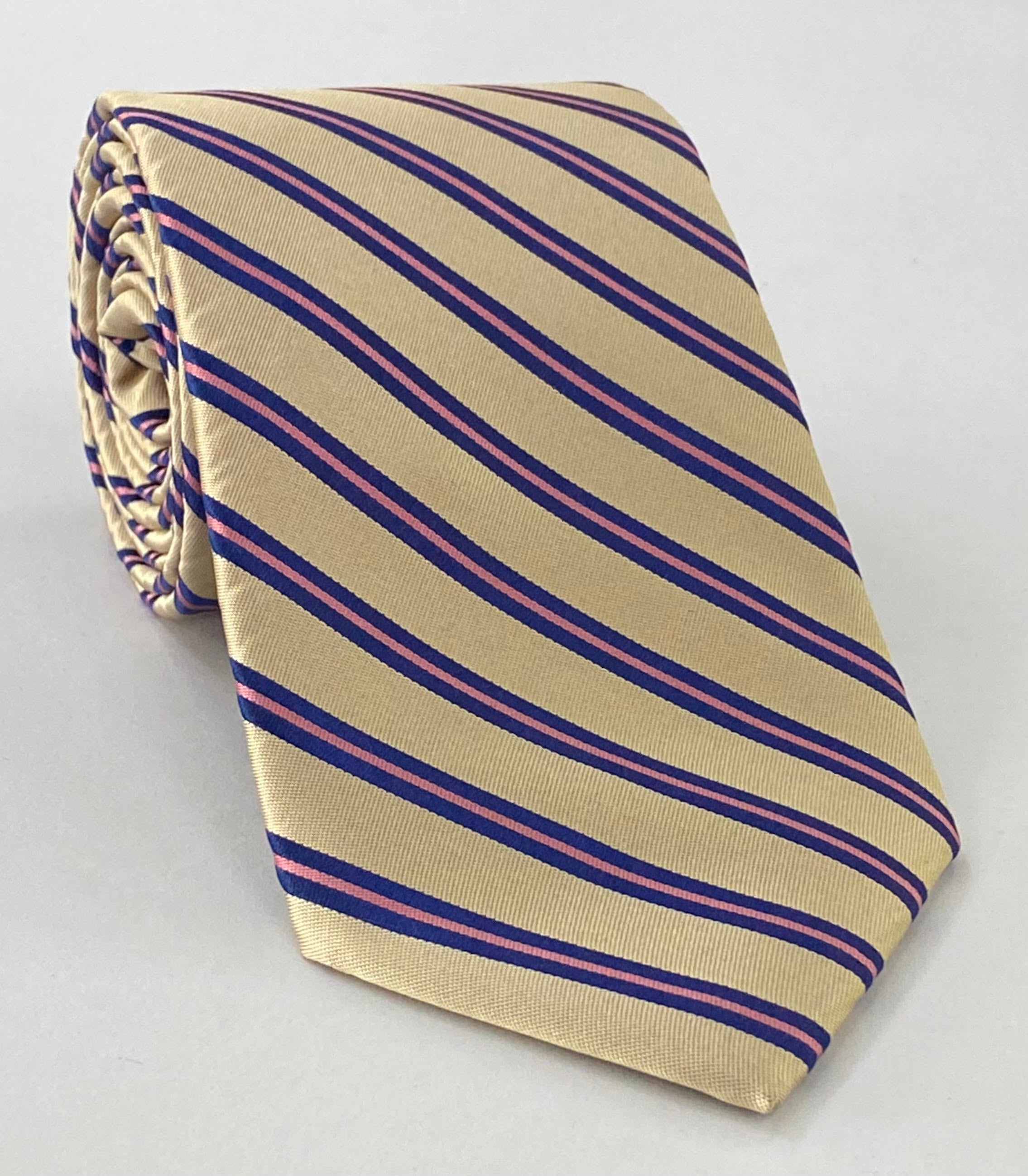 Navy Blue & Pink on Soft Gold Striped Silk Tie SST-23