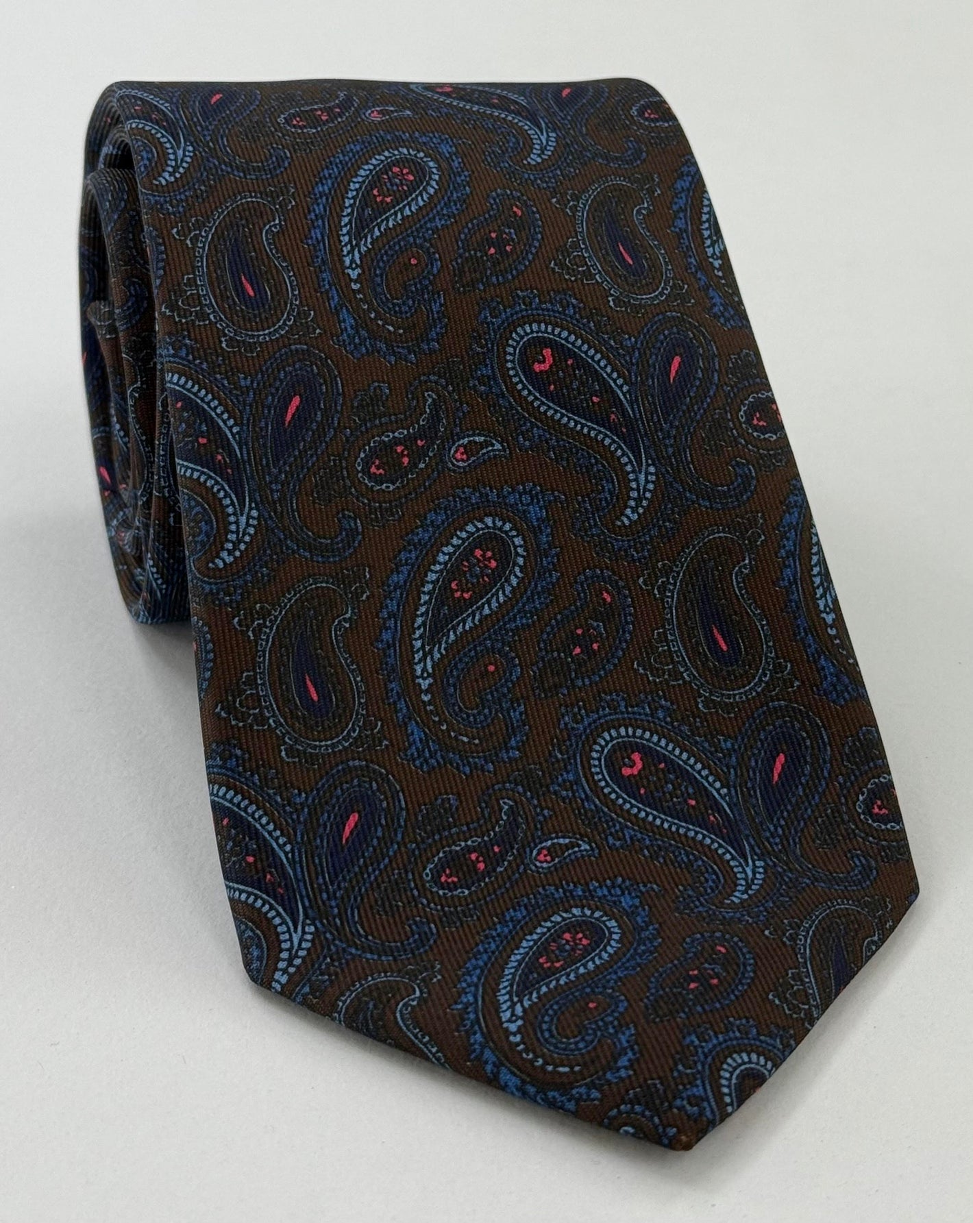 Navy Blue, Fuchsia, Powder Blue, Sky Blue on Dark Chocolate Macclesfield Print Silk Tie MCT-398