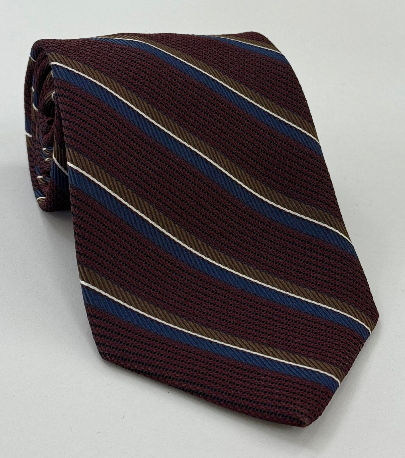 Navy Blue, Chocolate & White on Burgundy Grenadine Fina with Satin Stripe Silk Tie GFMST-5