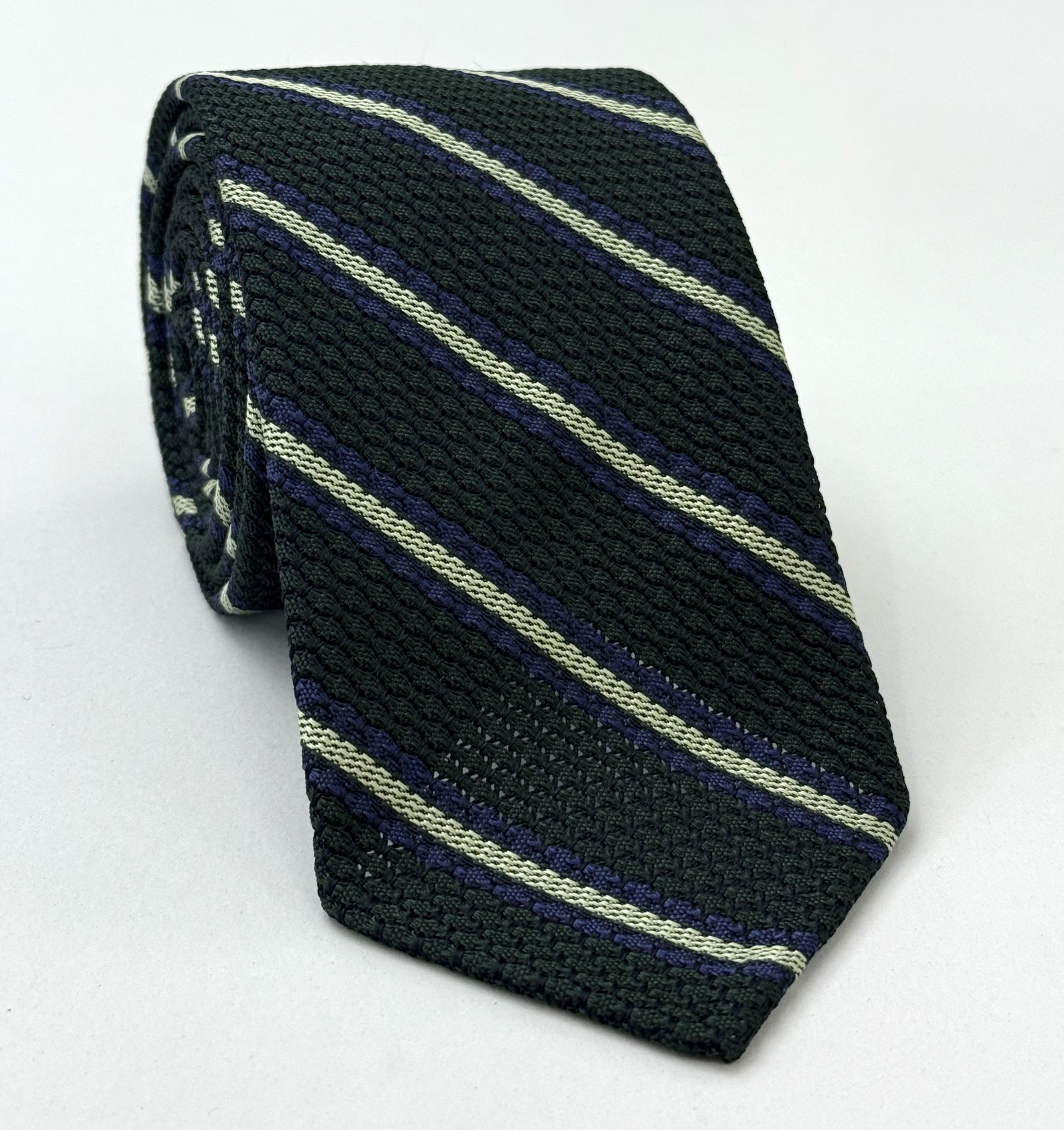 Lavender And Soft Green On Forest Green Grenadine Grossa Stripe Silk Tie GGST-10
