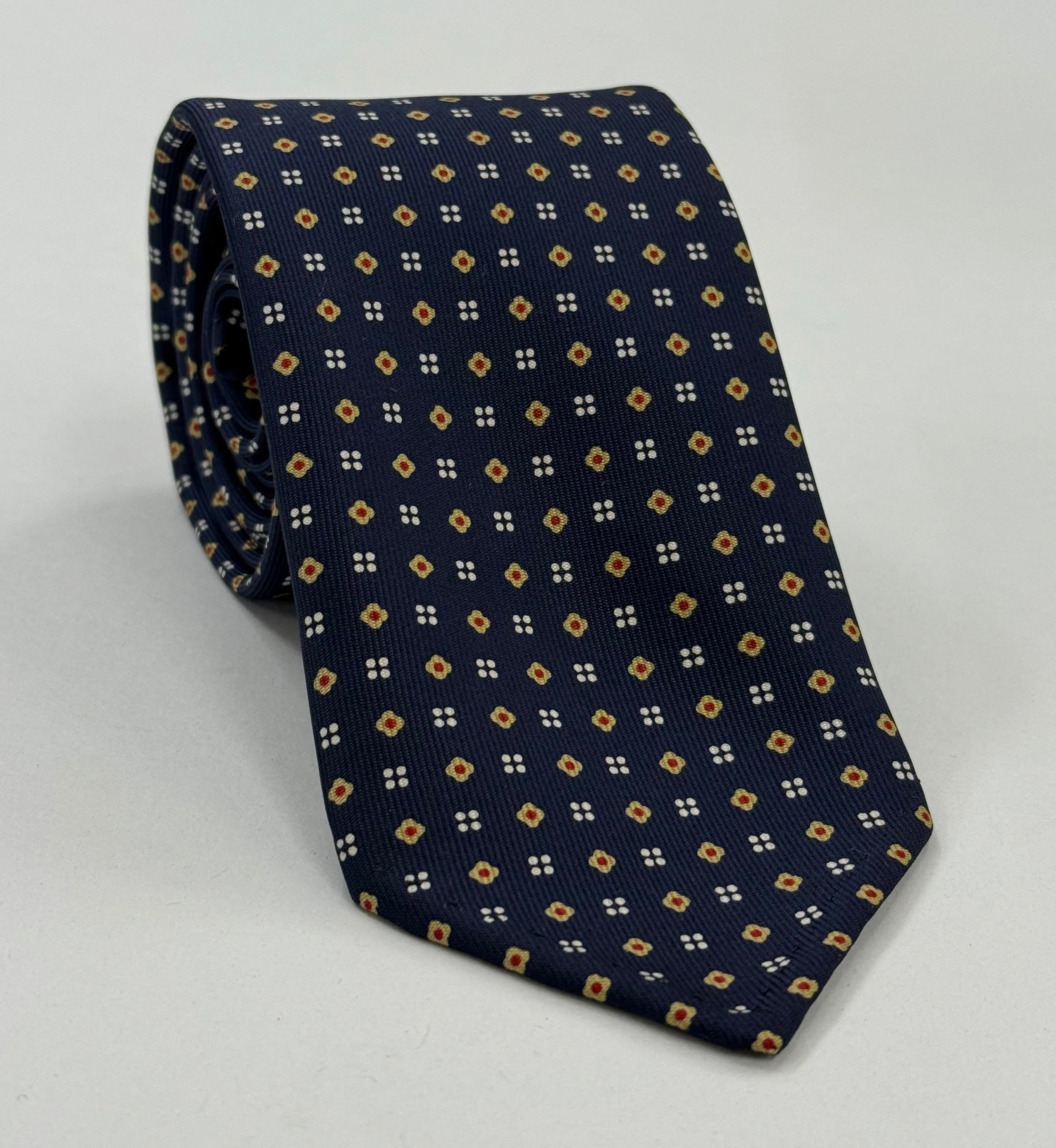 Red, Light Gold & Off-White on Midnight Blue Macclesfield Print Pattern Silk Tie MCT-492