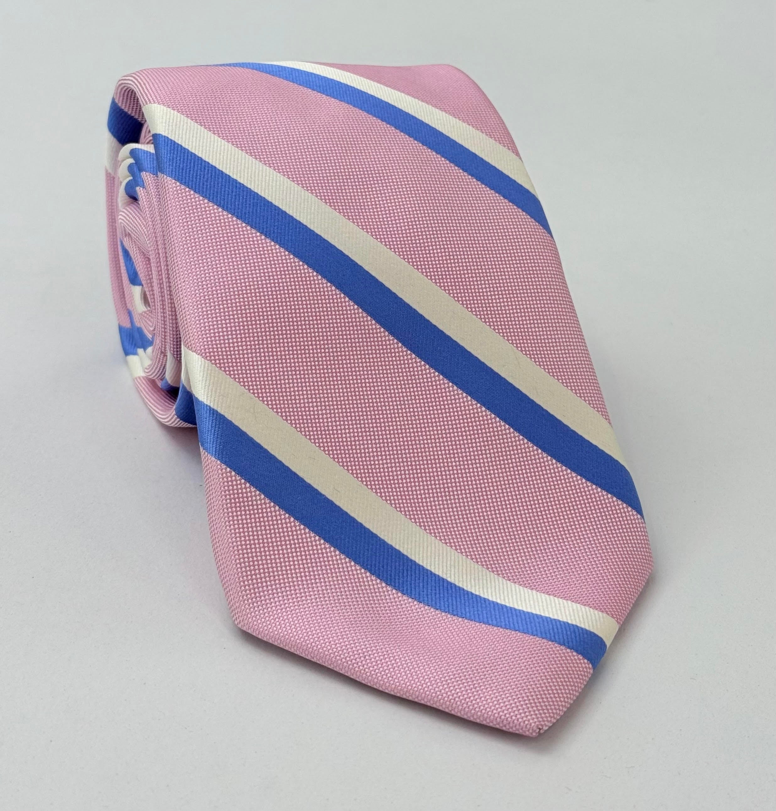 Light Blue & White on Light Pink Stripe Silk Tie #SST-10