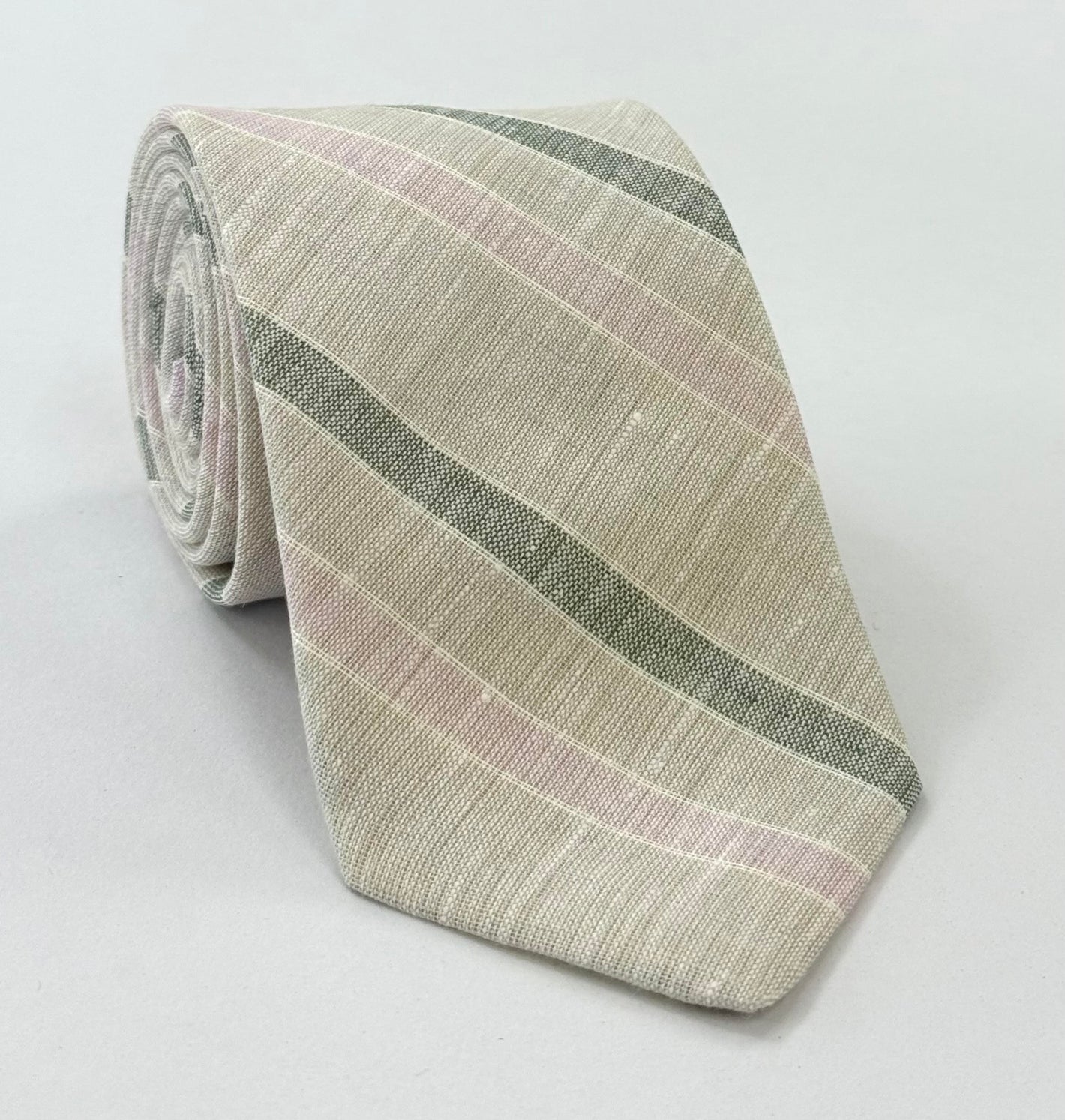 Light Gray, Forest Green, Lavender & White Linen Striped Tie GLST-3