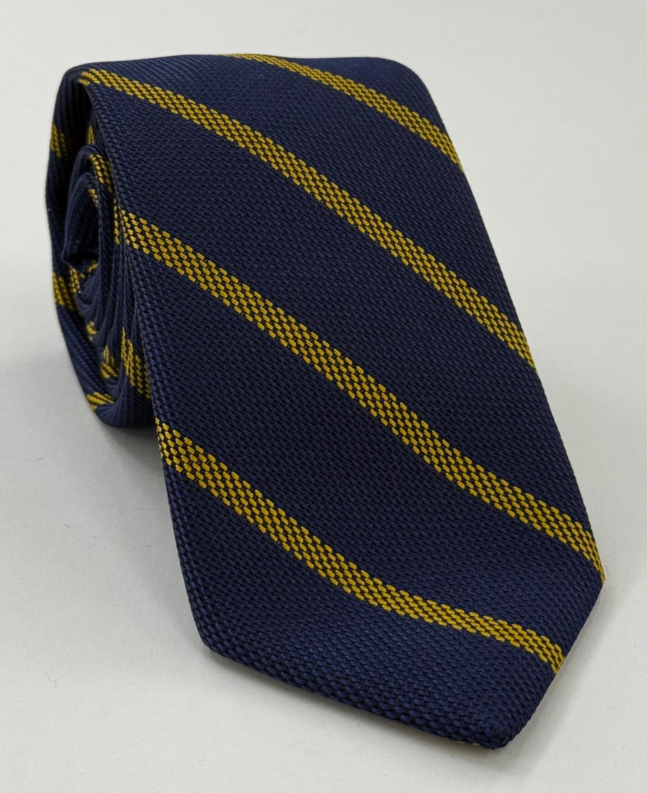 Yellow on Dark Navy Blue Grenadine Fina Single Stripe Silk Tie GFSBT-2