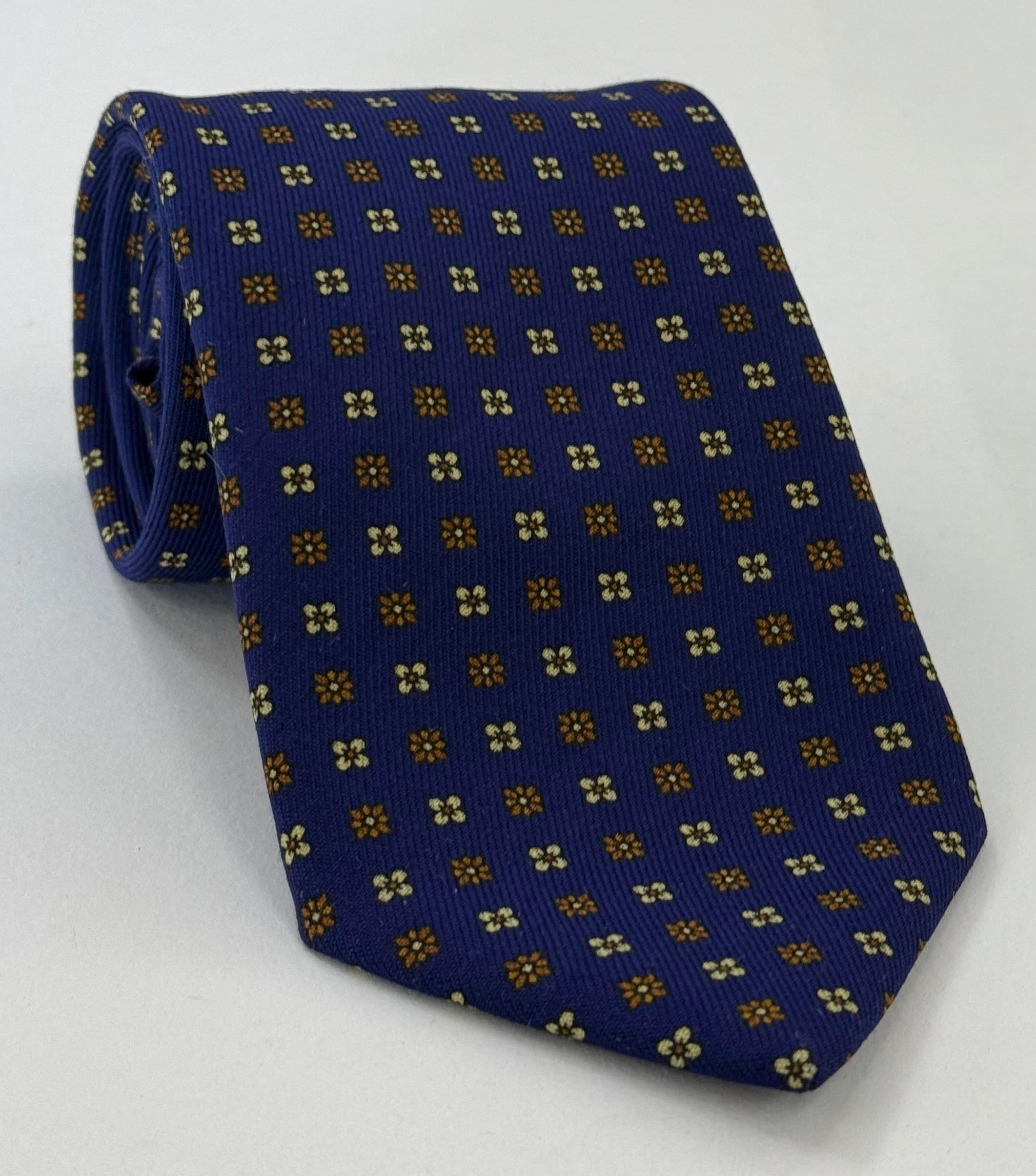 Burnt Orange & Off-White on Navy Blue Pattern Challis Wool Tie CHPT-2