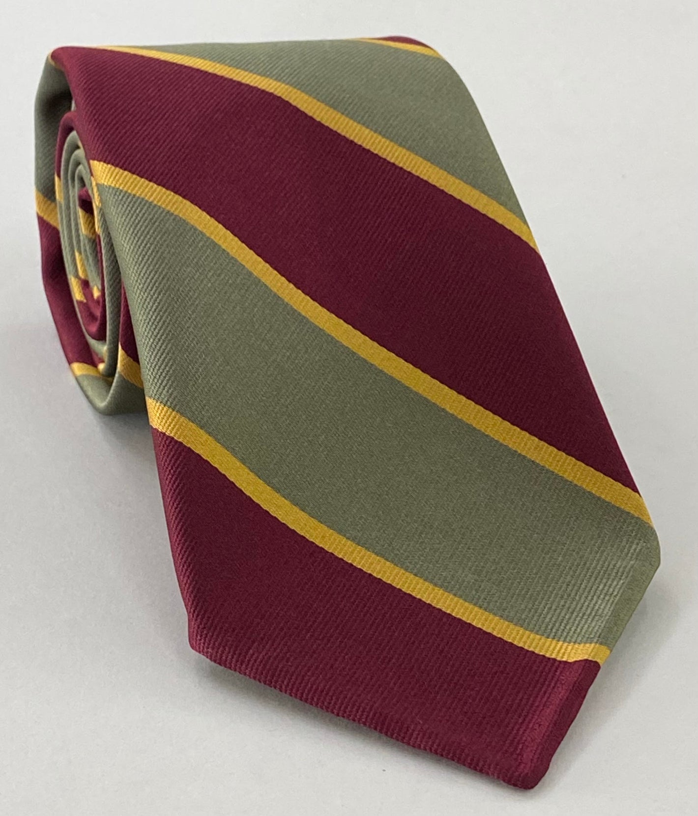 나탈 마운티드 라이플 스트라이프 실크 타이 RGT-12 세이지, 버건디 & 옐로우 골드