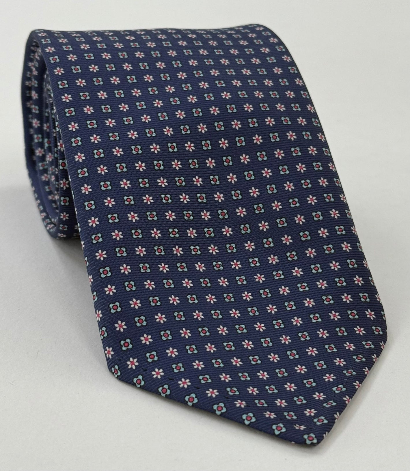 Sky Blue, Pink & White on Dark Blue Print Pattern Silk Tie MCT-633