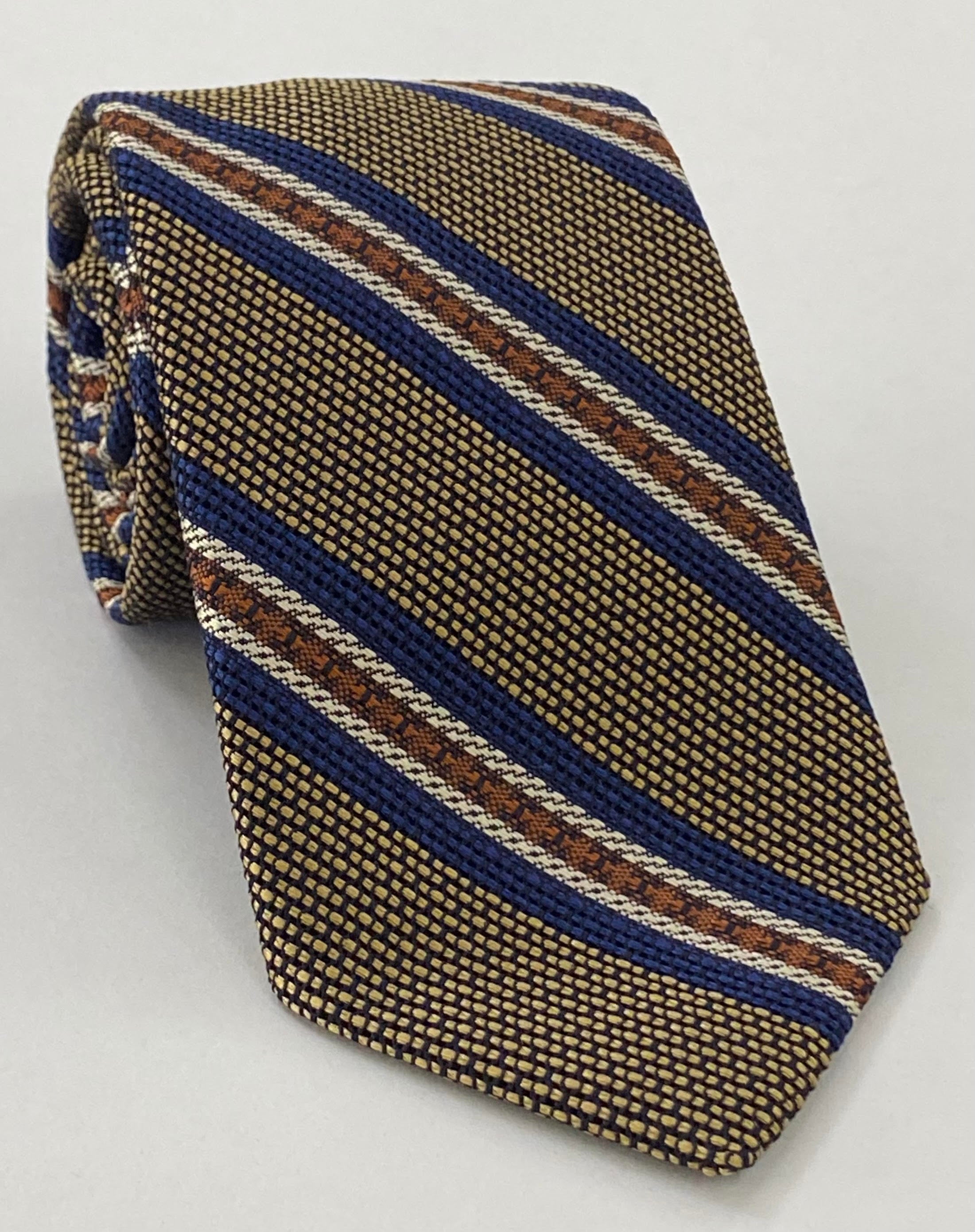 네이비 블루, 번트 오렌지 & 오프 화이트 골드 그레나딘 피나 및 그로사 스트라이프 실크 타이 6