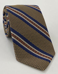 Navy Blue, Burnt Orange & Off-White on Gold Grenadine Fina and Grossa Stripe Silk Tie 6