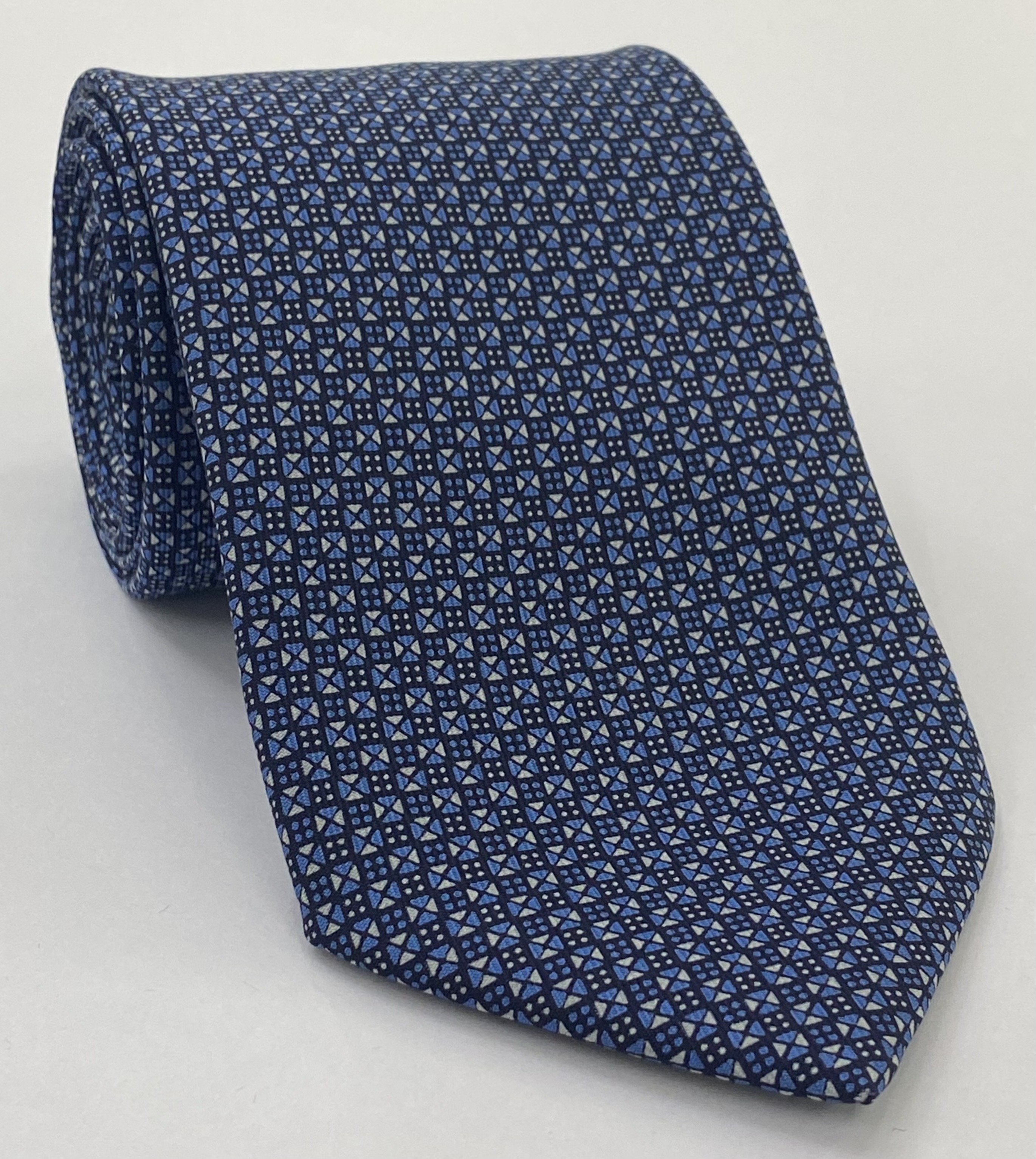 Sky Blue & White on Midnight Blue Macclesfield Print Silk Tie MCT-341