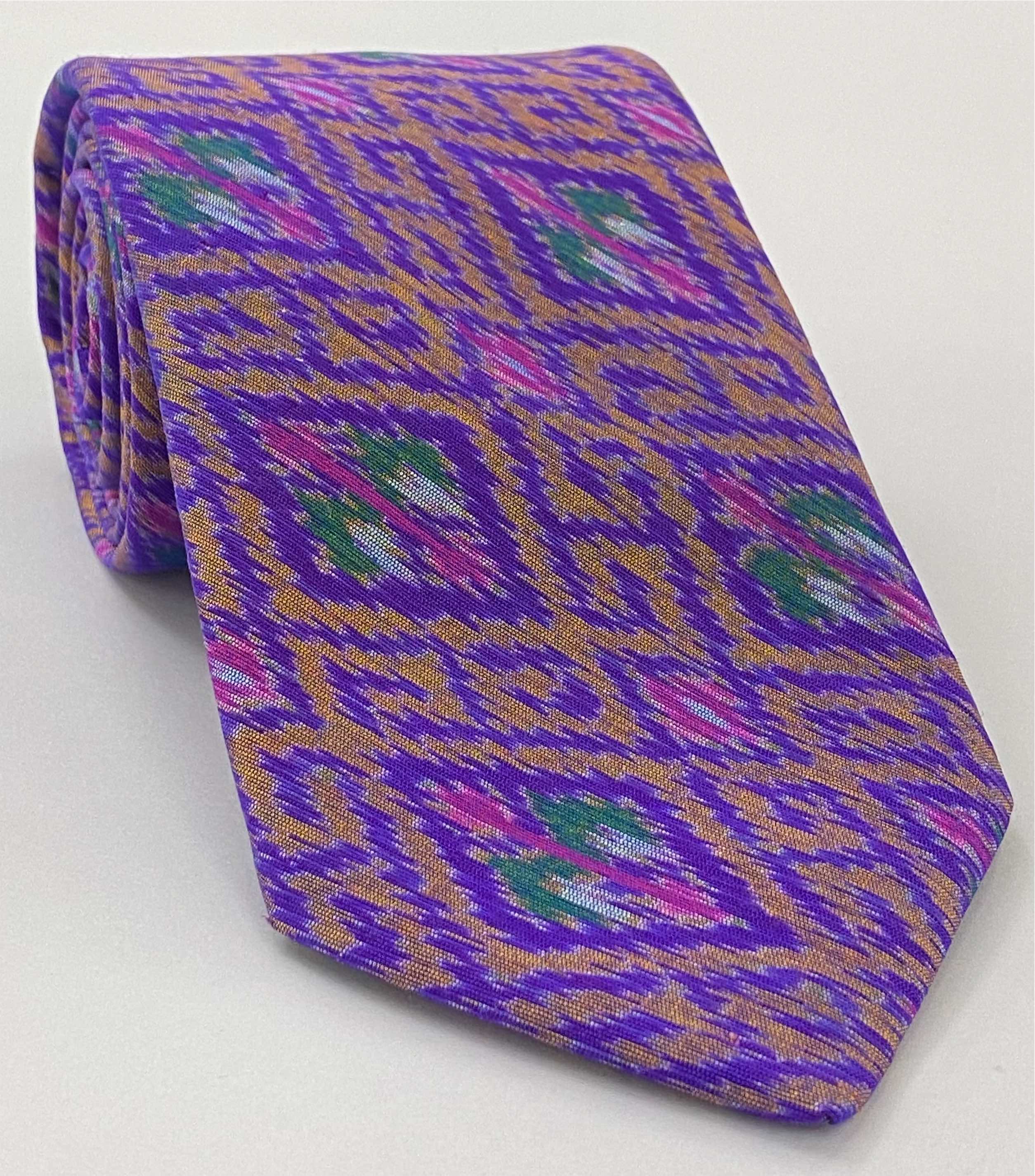 Yellow Gold / Pink / Green & White on Purple Mudmee Silk Tie #22