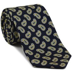 {[en]:Yellow, Off-White & Blue on Midnight Blue Macclesfield Print Pattern Silk Tie