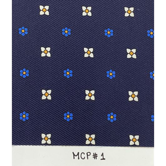 Off-white, blue and gold on Midnight Blue Macclesfield Pocket Square MCP-1