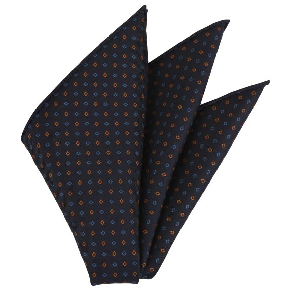 {[en]:Burnt Orange & Sky blue on Midnight Blue Macclesfield Printed Silk Pocket Square