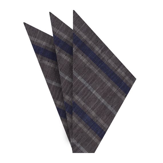 {[en]:Navy Blue & White on Charcoal Gray Striped Linen/Cotton Silk Pocket Square