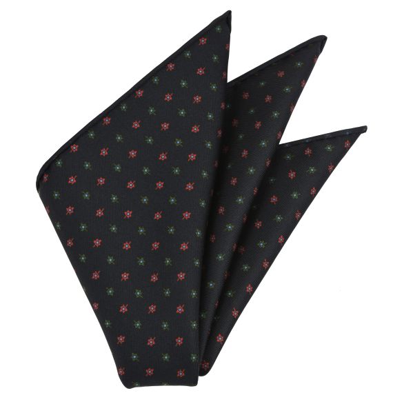 {[en]:Blue, Red & Light Green on Midnight Blue Macclesfield Print Silk Pocket Square