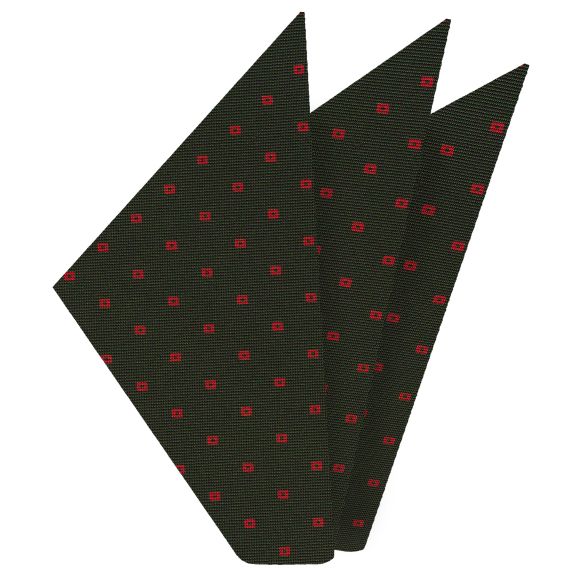 {[en]:Red on Olive Green Macclesfield Print Silk Pocket Square