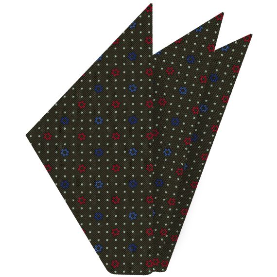 {[en]:Red, Blue & White on Dark Olive Green Macclesfield Print Silk Pocket Square