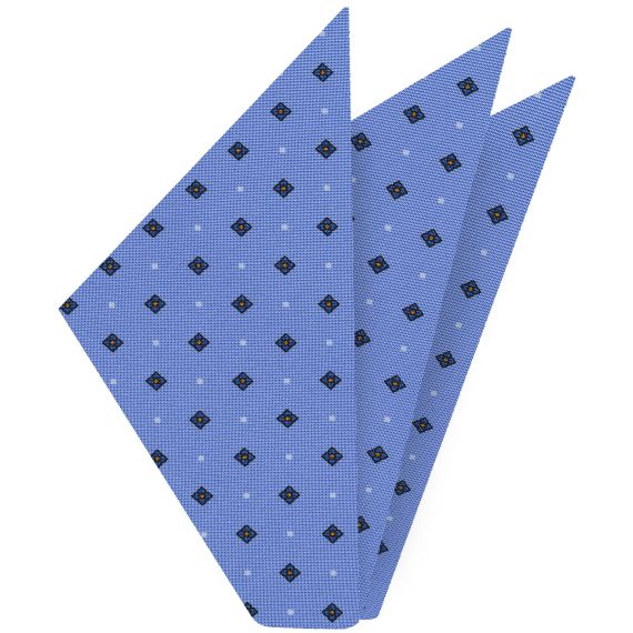 {[en]:Dark Blue, Mandarin & White on Sky Blue Macclesfield Print Silk Pocket Square