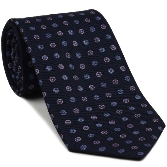 {[en]:Sky Blue & Lavender on Midnight Blue Macclesfield Print Silk Ties