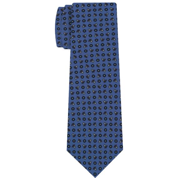 {[en]:Navy Blue, Burnt Orange & Off-White on Sky Blue Macclesfield Print Silk Tie