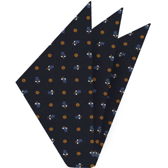 {[en]:Sky Blue, Burnt Orange & White on Dark Navy Blue Macclesfield Print Silk Pocket Square