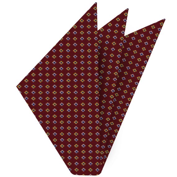 {[en]:Dark Blue, White & Light Yellow on Burgundy Macclesfield Print Silk Pocket Square