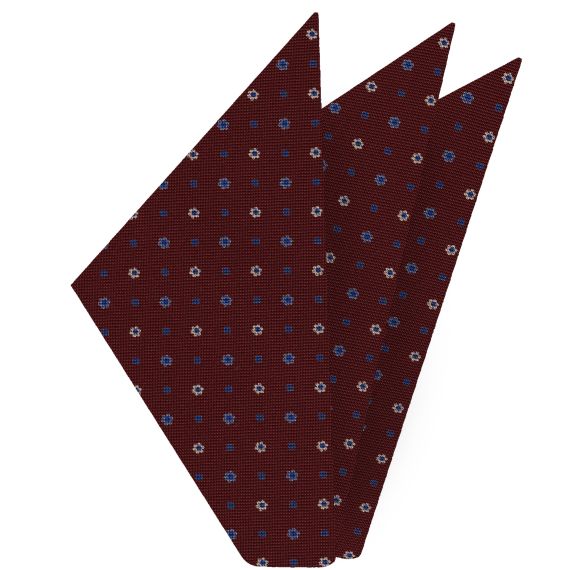 {[en]:Sky Blue, Blue & Off-White on Burgundy Macclesfield Print Silk Pocket Square