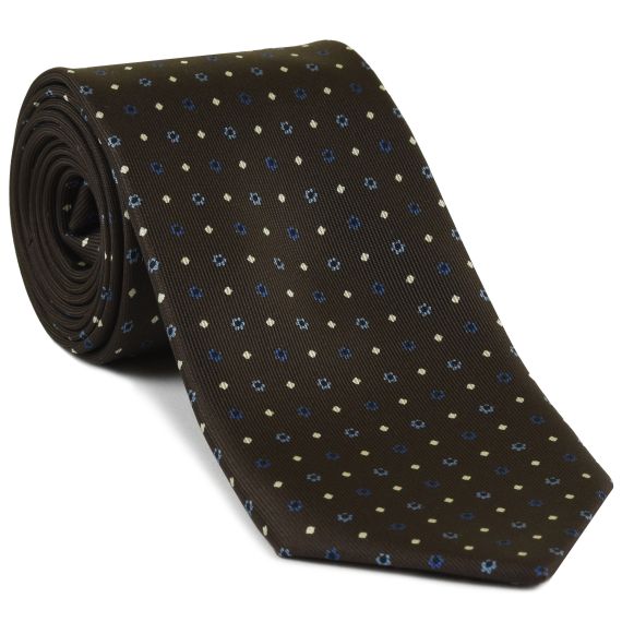 {[en]:Sky Blue, Blue & Off-White on Chocolate Macclesfield Print Silk Tie