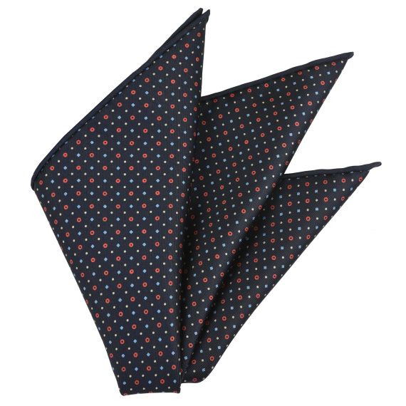 {[en]:Sky Blue, Red & White on Midnight Blue Macclesfield Print Silk Pocket Square